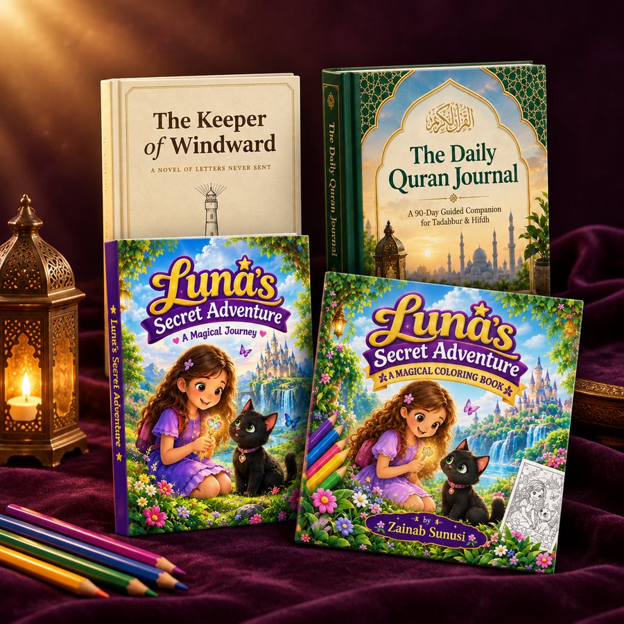 All four books by Zainab Sunusi together on plum velvet