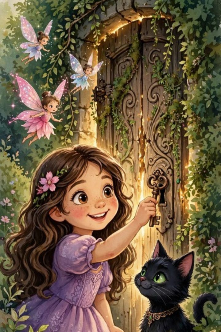 Watercolor illustration of Luna opening a secret door